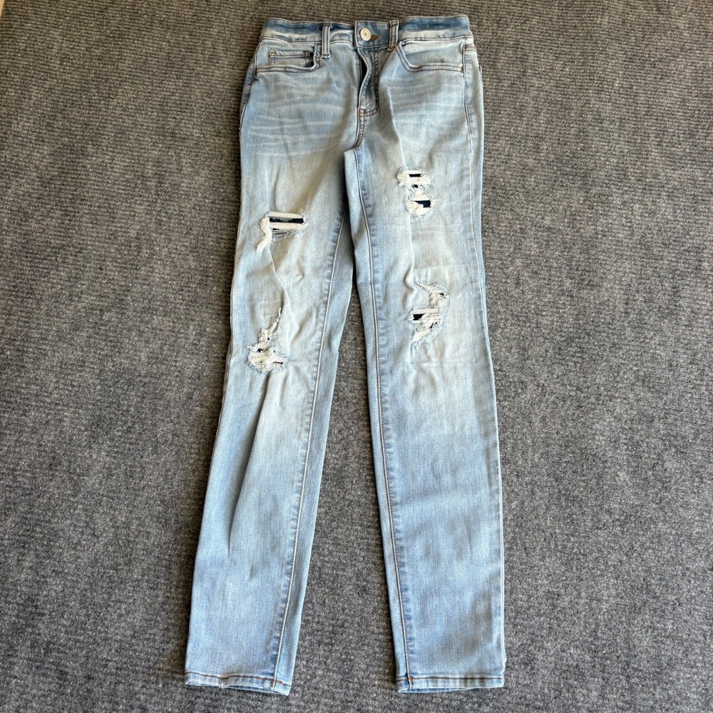 Sol Womens High Rise Skinny Distressed Jeans Light Wash Blue Ripped Size 5/27W
